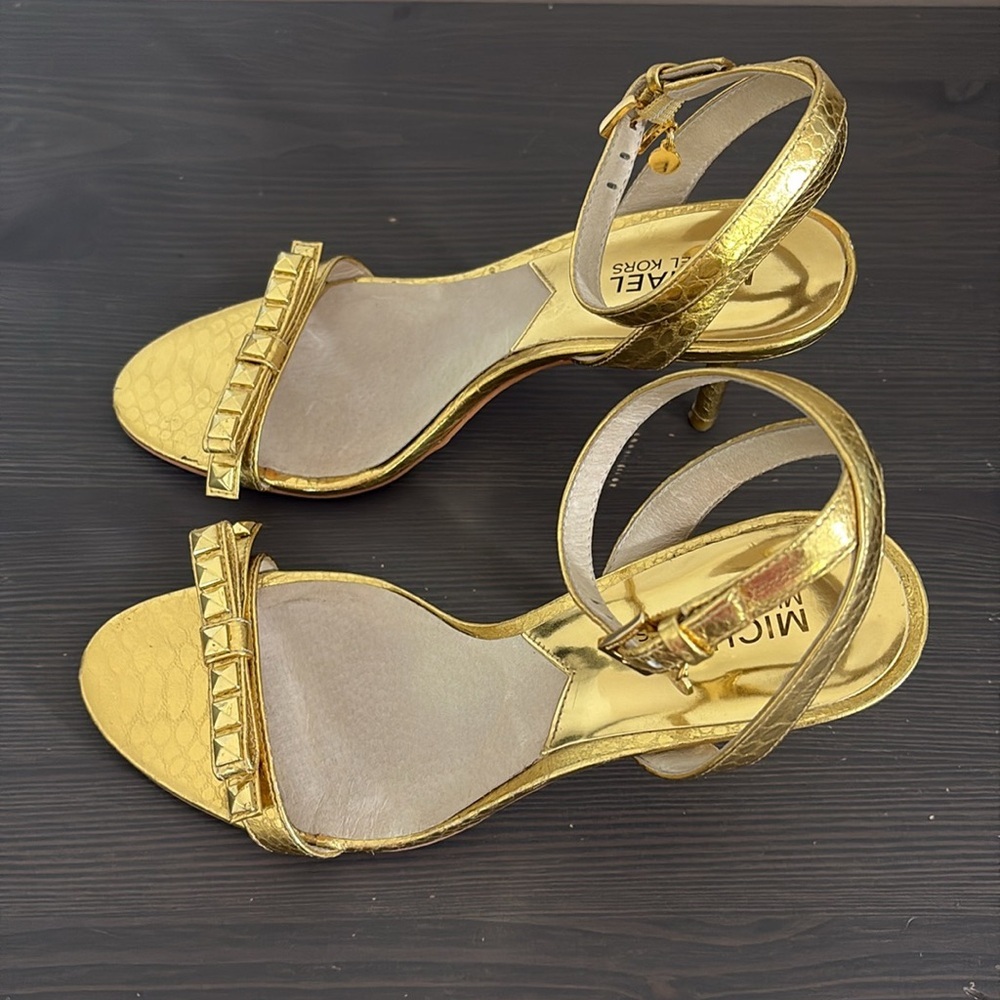 Michael Kors Livvy Ankle Heeled Sandals Strappy Metallic‎ Leather Gold Size 7.5 - Picture 2 of 14